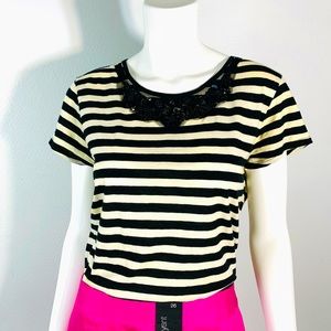 COPY - Ann Taylor Loft striped short sleeve shirt w/ beaded bib floral appliqué…